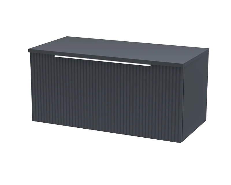 Hudson Reed DFF1496W Fluted Modern Bathroom Wall Hung 1 Drawer Vanity Unit with Colour Match Worktop, 800mm, Soft Black