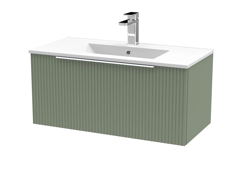 Hudson Reed DFF896B Fluted Modern Bathroom Wall Hung 1 Drawer Vanity Basin Unit with Minimalist Ceramic Basin, 800mm, Satin Green