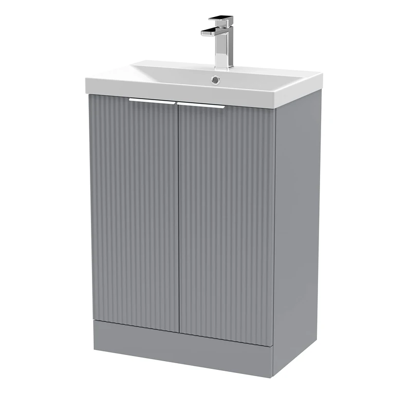 Hudson Reed DFF225D Fluted Modern Bathroom Floor Standing 2 Door Vanity Basin Unit with Thin-Edge Ceramic Basin, 600mm, Satin Grey
