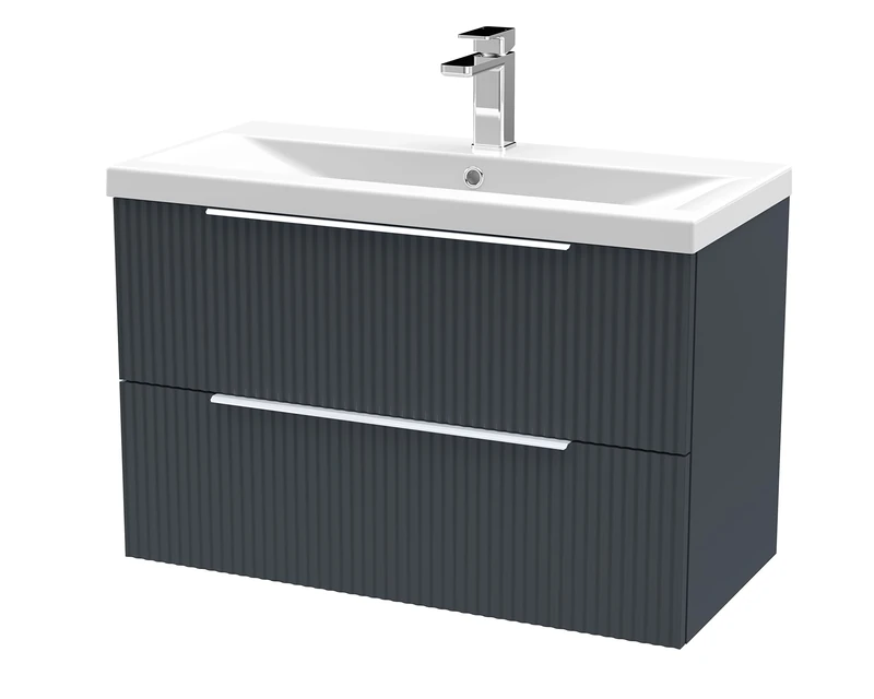 Hudson Reed DFF1495A Fluted Modern Bathroom Wall Hung 2 Drawer Vanity Basin Unit with Mid-Edge Ceramic Basin, 800mm, Soft Black