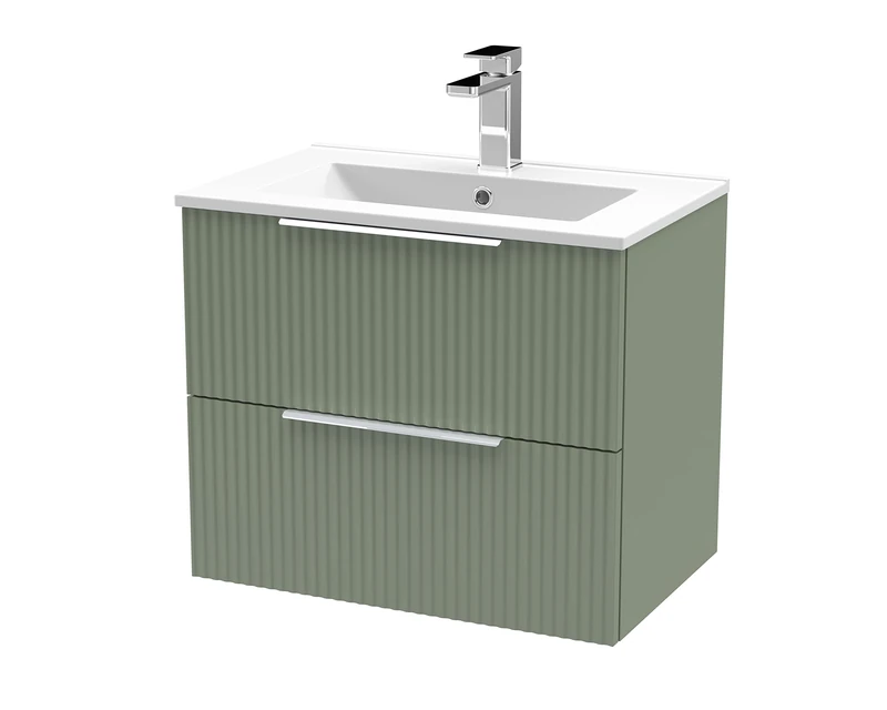 Hudson Reed DFF893B Fluted Modern Bathroom Wall Hung 2 Drawer Vanity Basin Unit with Minimalist Ceramic Basin, 600mm, Satin Green