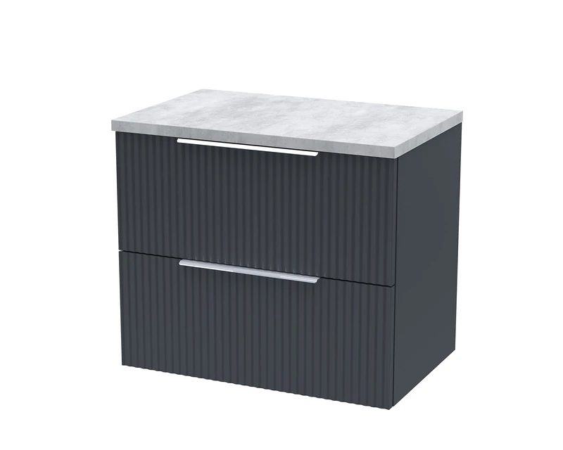 Hudson Reed DFF1493LBG Fluted Modern Bathroom Wall Hung 2 Drawer Vanity Unit with Bellato Grey Laminate Worktop, 600mm, Soft Black