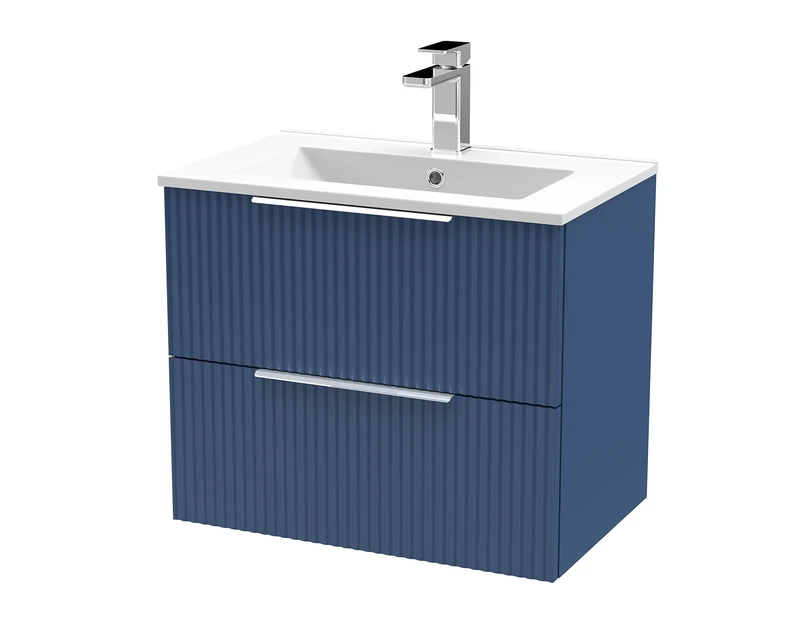 Hudson Reed DFF393B Fluted Modern Bathroom Wall Hung 2 Drawer Vanity Unit with Minimalist Ceramic Basin, Satin Blue