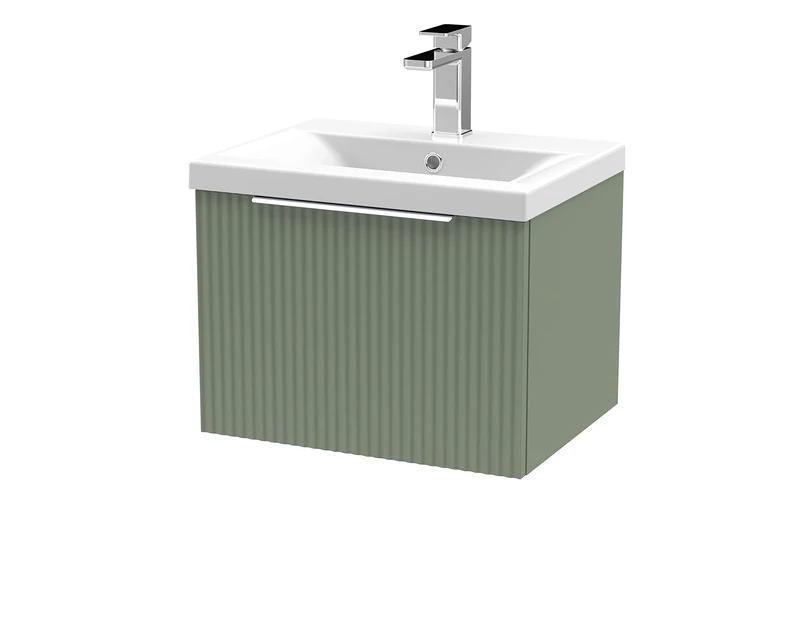 Hudson Reed DFF891A Fluted Modern Bathroom Wall Hung 1 Drawer Vanity Basin Unit with Mid-Edge Ceramic Basin, 500mm, Satin Green