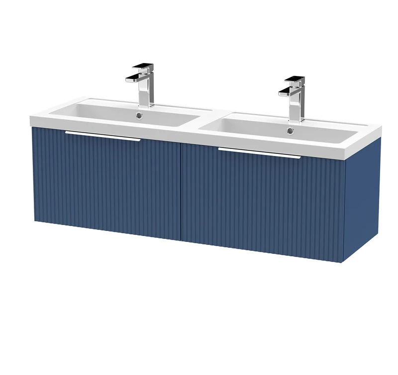Hudson Reed DFF394C Fluted Modern Bathroom Wall Hung 2 Drawer Double Vanity Basin Unit with Twin Polymarble Basin, 1200mm, Satin Blue