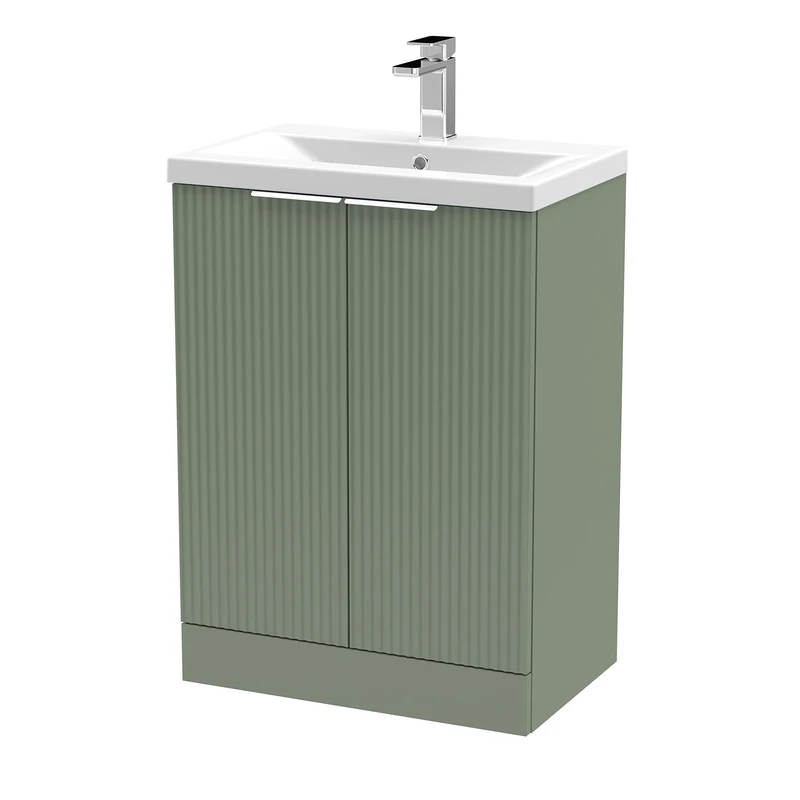 Hudson Reed DFF825A Fluted Modern Bathroom Floor Standing 2 Door Vanity Basin Unit with Mid-Edge Ceramic Basin, 600mm, Satin Green