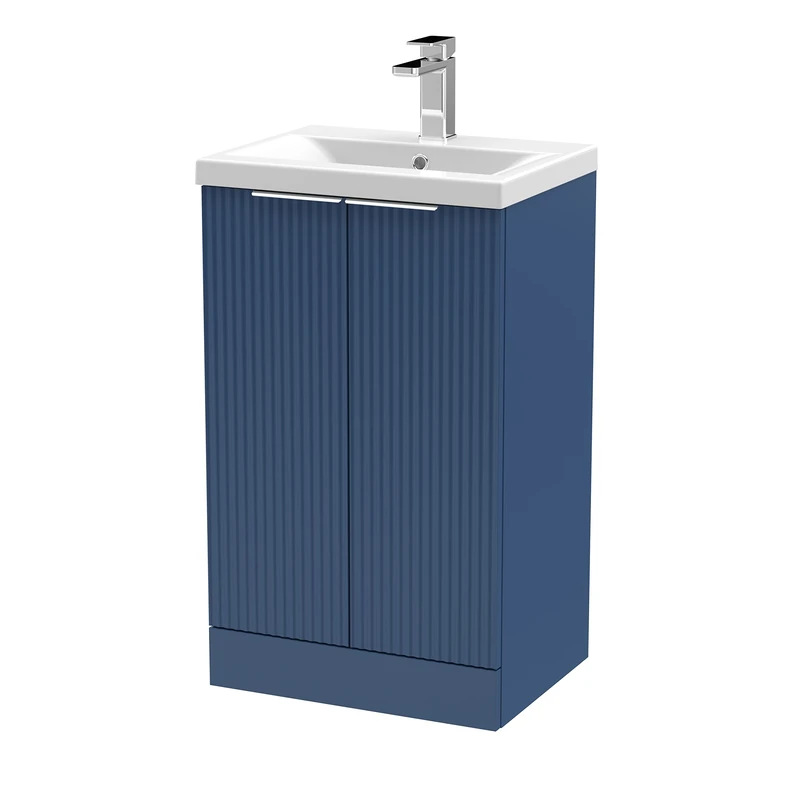Hudson Reed DFF323D Fluted Modern Bathroom Floor Standing 2 Door Vanity Basin Unit with Thin-Edge Ceramic Basin, 500mm, Satin Blue