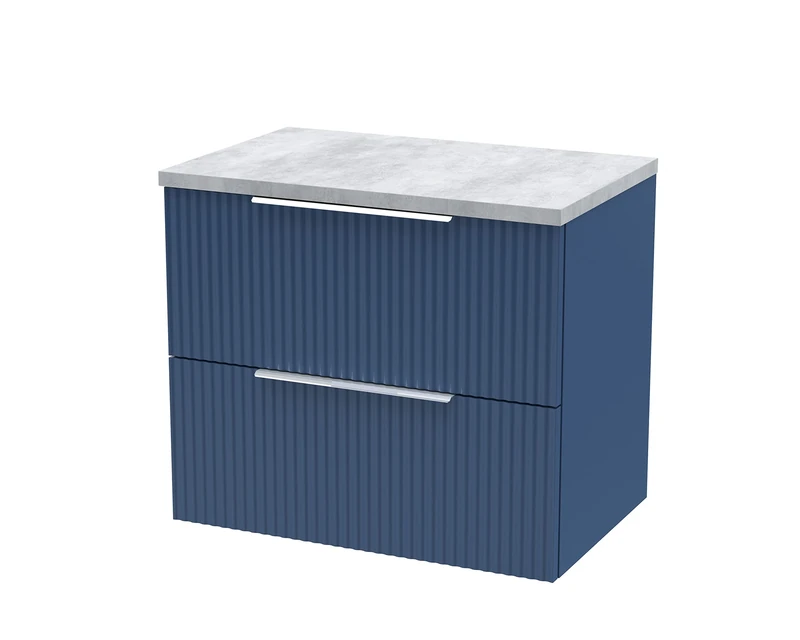 Hudson Reed DFF393LBG Fluted Modern Bathroom Wall Hung 2 Drawer Vanity Unit with Bellato Grey Laminate Worktop, 600mm, Satin Blue