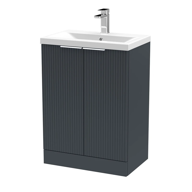 Hudson Reed DFF1425A Fluted Modern Bathroom Floor Standing 2 Door Vanity Basin Unit with Mid-Edge Ceramic Basin, 600mm, Soft Black