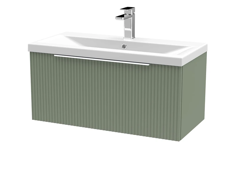 Hudson Reed DFF896A Fluted Modern Bathroom Wall Hung 1 Drawer Vanity Basin Unit with Mid-Edge Ceramic Basin, 800mm, Satin Green