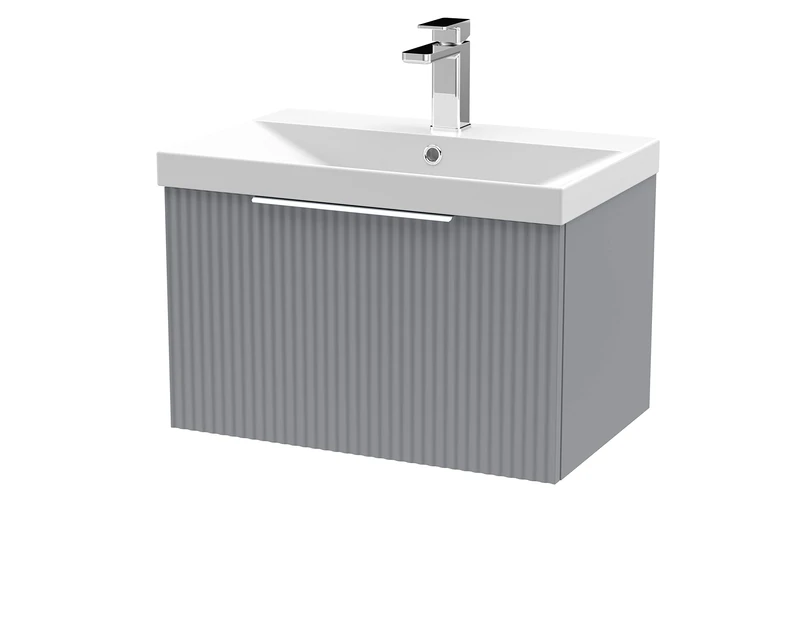 Hudson Reed DFF294D Fluted Modern Bathroom Wall Hung 1 Drawer Vanity Basin Unit with Thin-Edge Ceramic Basin, 600mm, Satin Grey