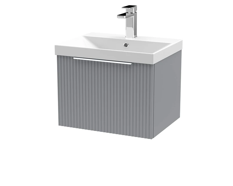 Hudson Reed DFF291D Fluted Modern Bathroom Wall Hung 1 Drawer Vanity Basin Unit with Thin-Edge Ceramic Basin, 500mm, Satin Grey