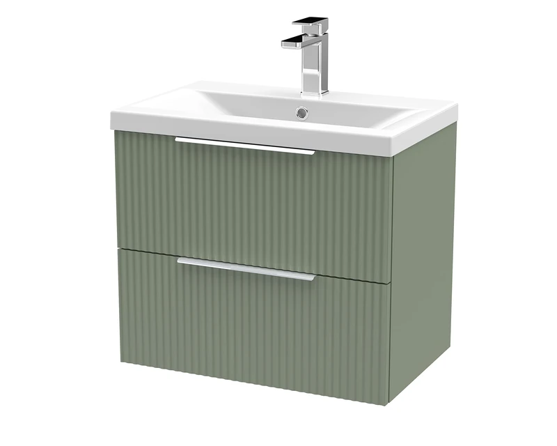 Hudson Reed DFF893A Fluted Modern Bathroom Wall Hung 2 Drawer Vanity Basin Unit with Mid-Edge Ceramic Basin, 600mm, Satin Green