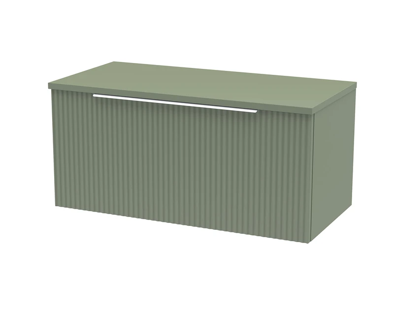 Hudson Reed DFF896W Fluted Modern Bathroom Wall Hung 1 Drawer Vanity Unit with Colour Match Worktop, 800mm, Satin Green