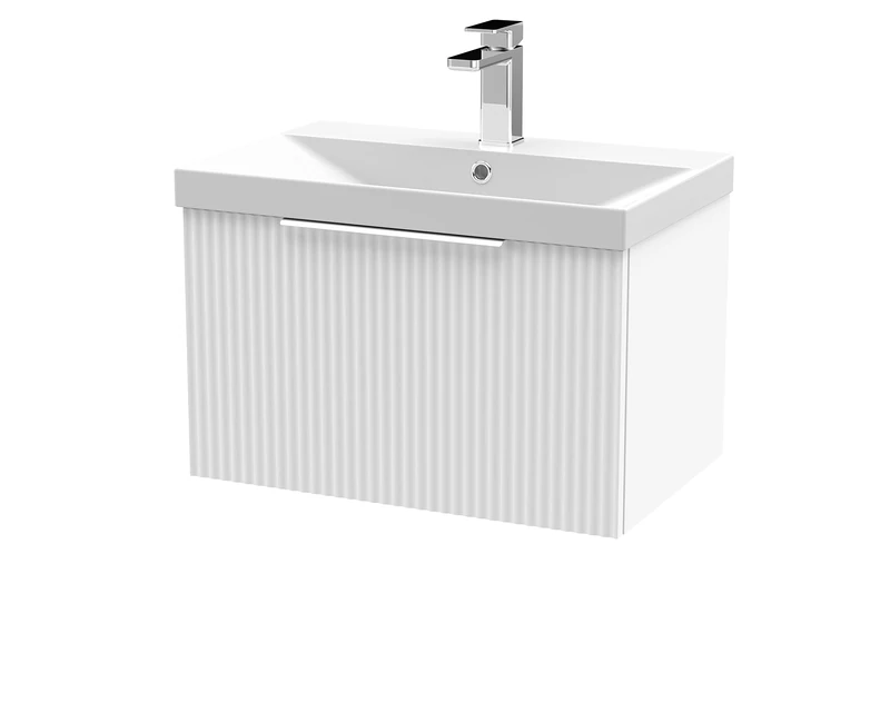 Hudson Reed DFF194D Fluted Modern Bathroom Wall Hung 1 Drawer Vanity Basin Unit with Thin-Edge Ceramic Basin, 600mm, Satin White