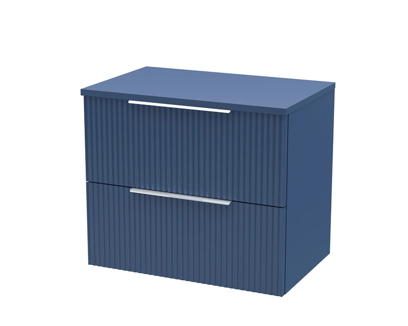Hudson Reed DFF393W Fluted Modern Bathroom Wall Hung 2 Drawer Vanity Unit with Colour Match Worktop, 600mm, Satin Blue