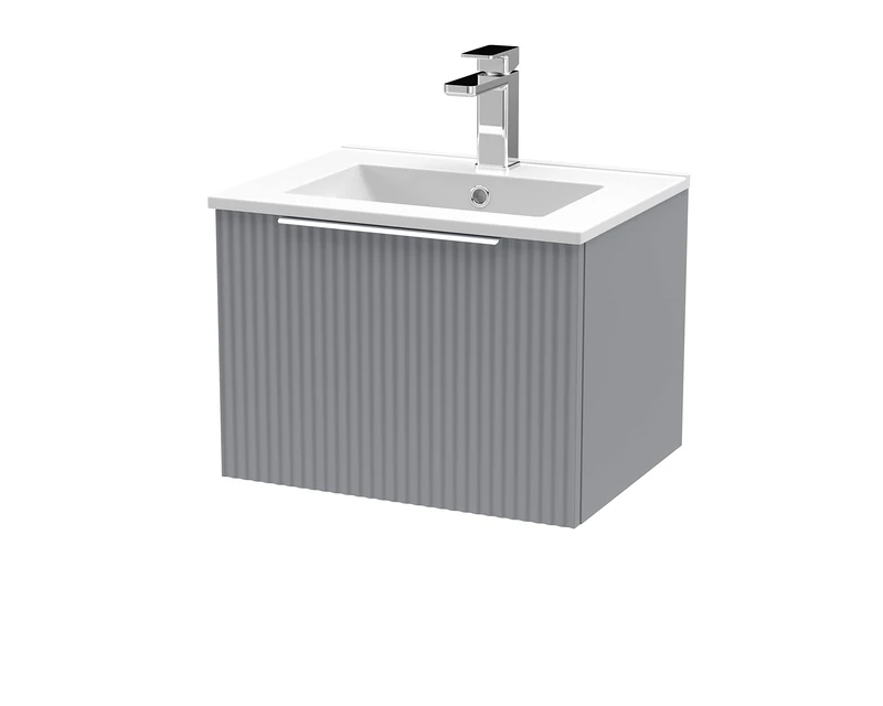 Hudson Reed DFF291B Fluted Modern Bathroom Wall Hung 1 Drawer Vanity Basin Unit with Minimalist Ceramic Basin, 500mm, Satin Grey