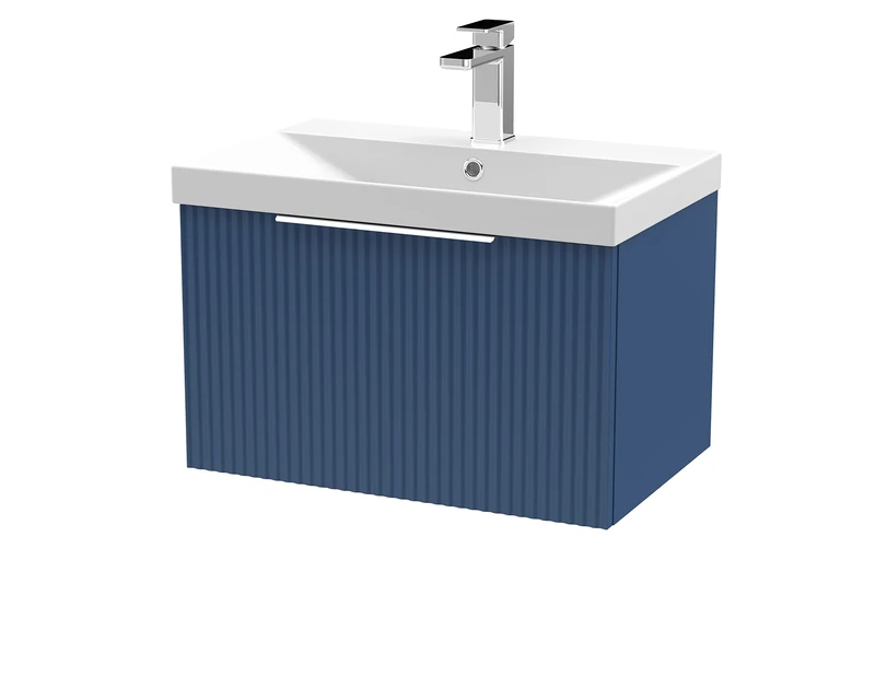 Hudson Reed DFF394D Fluted Modern Bathroom Wall Hung 1 Drawer Vanity Basin Unit with Thin-Edge Ceramic Basin, 600mm, Satin Blue