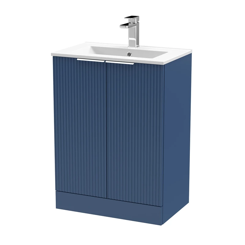 Hudson Reed DFF325B Fluted Modern Bathroom Floor Standing 2 Door Vanity Basin Unit with Minimalist Ceramic Basin, 600mm, Satin Blue