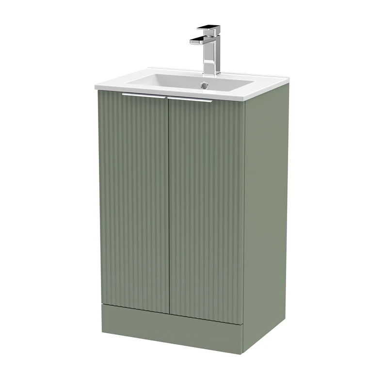 Hudson Reed DFF823B Fluted Modern Bathroom Floor Standing 2 Door Vanity Basin Unit with Minimalist Ceramic Basin, 500mm, Satin Green