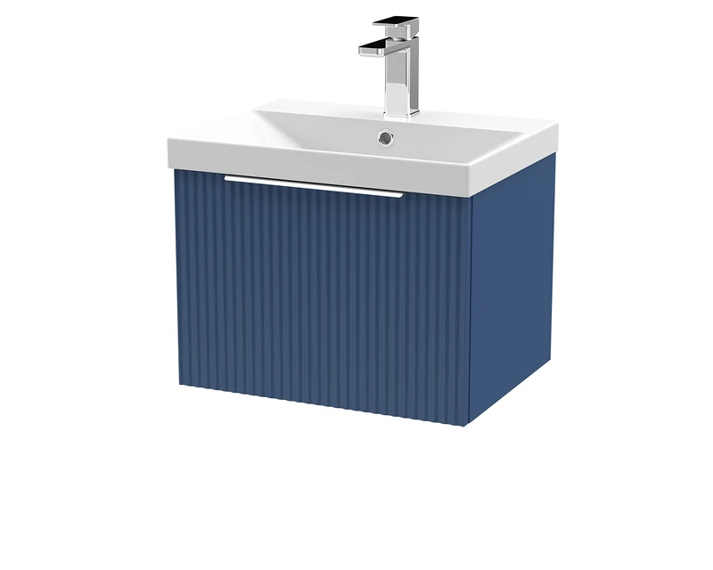 Hudson Reed DFF391D Fluted Modern Bathroom Wall Hung 1 Drawer Vanity Basin Unit with Thin-Edge Ceramic Basin, 500mm, Satin Blue