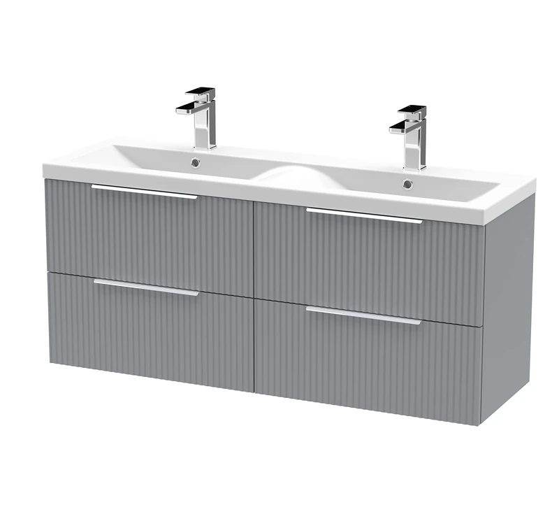 Hudson Reed DFF293F Fluted Modern Bathroom Wall Hung 4 Drawer Double Vanity Basin Unit with Twin Ceramic Basin, 1200mm, Satin Grey