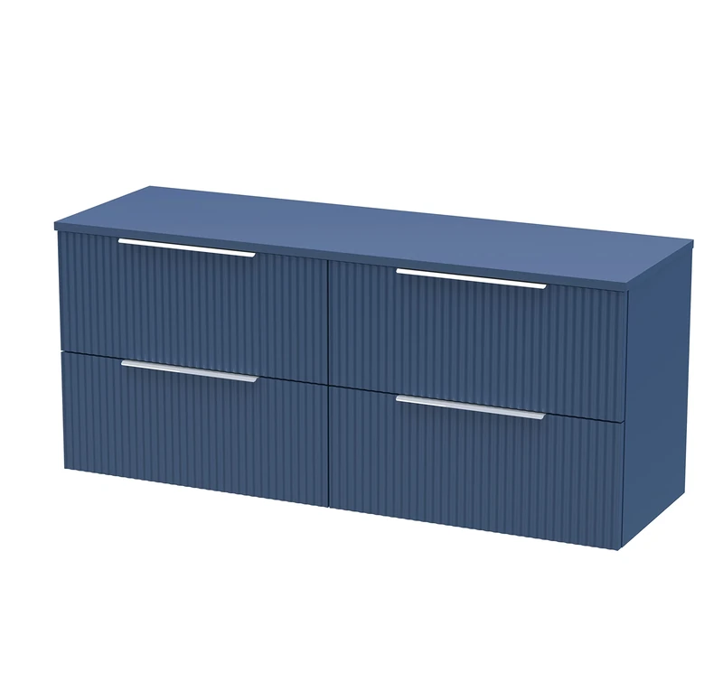 Hudson Reed DFF393W2 Fluted Modern Bathroom Wall Hung 4 Drawer Double Vanity Unit with Colour Matched Worktop, 1200mm, Satin Blue