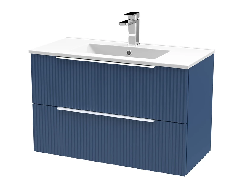 Hudson Reed DFF395B Fluted Modern Bathroom Wall Hung 2 Drawer Vanity Basin Unit with Minimalist Ceramic Basin, 800mm, Satin Blue