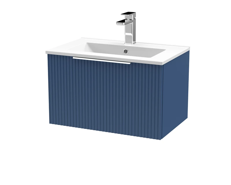 Hudson Reed DFF394B Fluted Modern Bathroom Wall Hung 1 Drawer Vanity Basin Unit with Minimalist Ceramic Basin, 600mm, Satin Blue