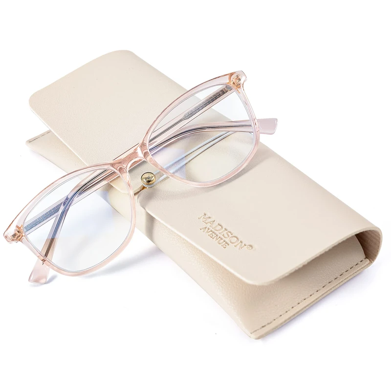 Madison Avenue Square Vintage TR90 Blue Light Blocking Reading Glasses for Women with Case, Anti Glare/Eyestrain Computer Readers Transparent Brown 3.0