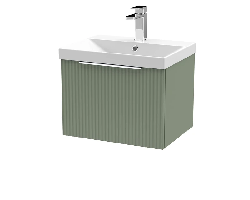Hudson Reed DFF891D Fluted Modern Bathroom Wall Hung 1 Drawer Vanity Basin Unit with Thin-Edge Ceramic Basin, 500mm, Satin Green
