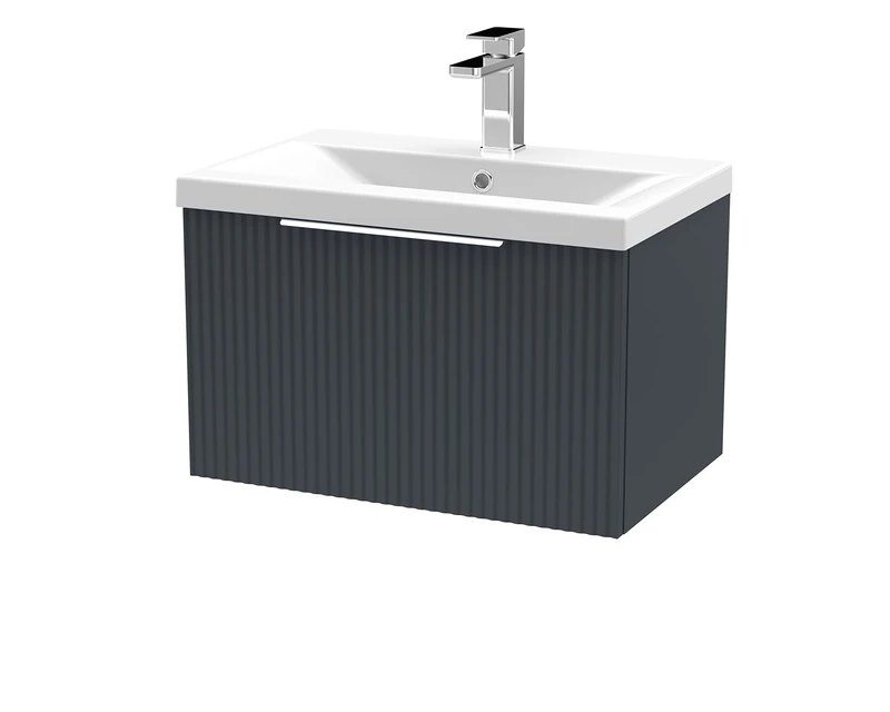 Hudson Reed DFF1494A Fluted Modern Bathroom Wall Hung 1 Drawer Vanity Basin Unit with Mid-Edge Ceramic Basin, 600mm, Soft Black