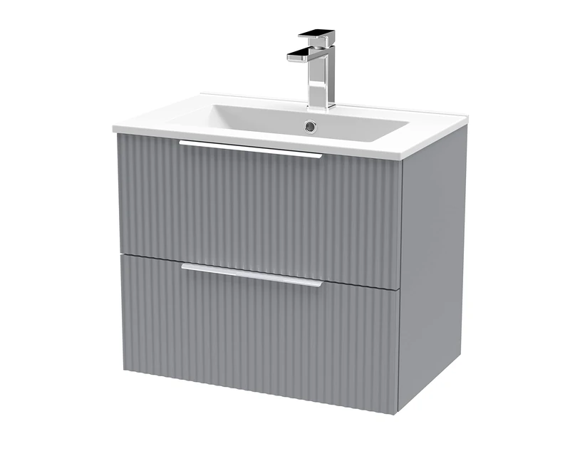 Hudson Reed DFF293B Fluted Modern Bathroom Wall Hung 2 Drawer Vanity Basin Unit with Minimalist Ceramic Basin, 600mm, Satin Grey
