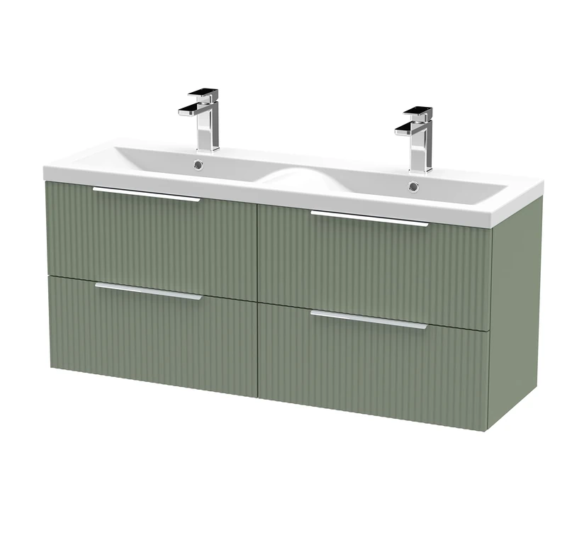 Hudson Reed DFF893F Fluted Modern Bathroom Wall Hung 4 Drawer Double Vanity Basin Unit with Twin Ceramic Basin, 1200mm, Satin Green