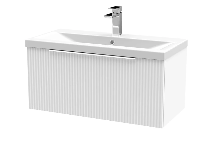 Hudson Reed DFF196A Fluted Modern Bathroom Wall Hung 1 Drawer Vanity Basin Unit with Mid-Edge Ceramic Basin, 800mm, Satin White