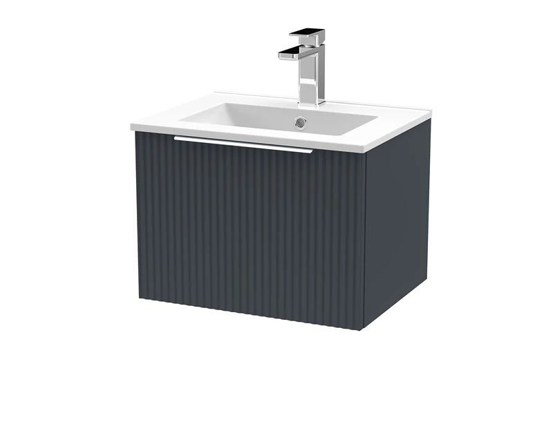 Hudson Reed DFF1491B Fluted Modern Bathroom Wall Hung 1 Drawer Vanity Basin Unit with Minimalist Ceramic Basin, 500mm, Soft Black
