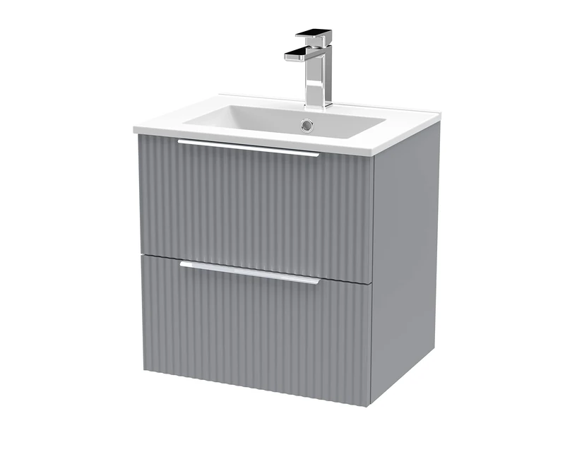 Hudson Reed DFF292B Fluted Modern Bathroom Wall Hung 2 Drawer Vanity Basin Unit with Minimalist Ceramic Basin, 500mm, Satin Grey