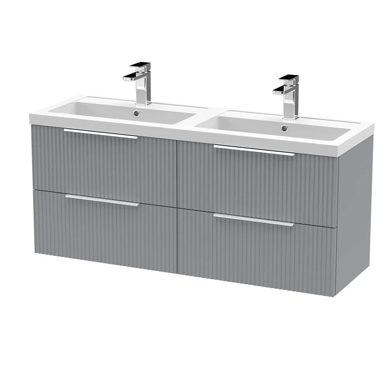 Hudson Reed DFF294C Fluted Modern Bathroom Wall Hung 2 Drawer Double Vanity Basin Unit with Twin Polymarble Basin, 1200mm, Satin Grey