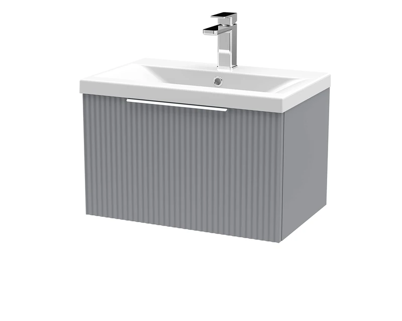 Hudson Reed DFF294A Fluted Modern Bathroom Wall Hung 1 Drawer Vanity Basin Unit with Mid-Edge Ceramic Basin, 600mm, Satin Grey