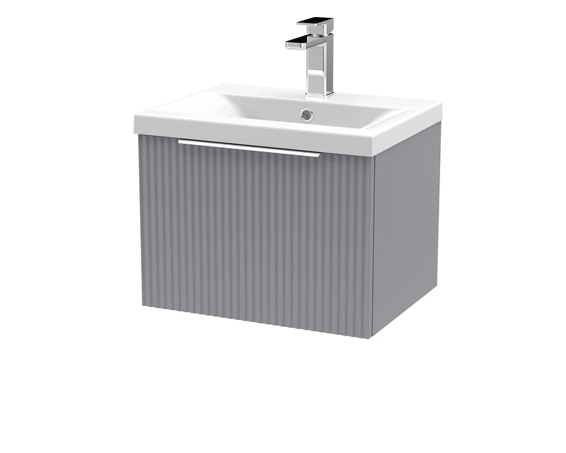 Hudson Reed DFF291A Fluted Modern Bathroom Wall Hung 1 Drawer Vanity Basin Unit with Mid-Edge Ceramic Basin, 500mm, Satin Grey