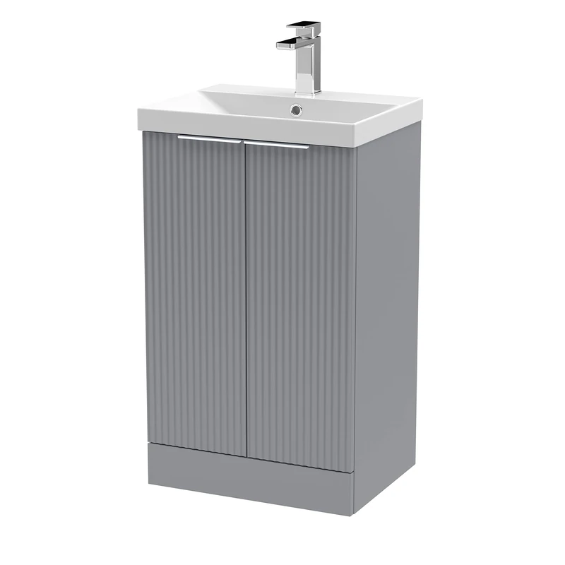 Hudson Reed DFF223D Fluted Modern Bathroom Floor Standing 2 Door Vanity Basin Unit with Thin-Edge Ceramic Basin, 500mm, Satin Grey