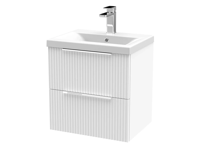 Hudson Reed DFF192A Fluted Modern Bathroom Wall Hung 2 Drawer Vanity Basin Unit with Mid-Edge Ceramic Basin, 500mm, Satin White