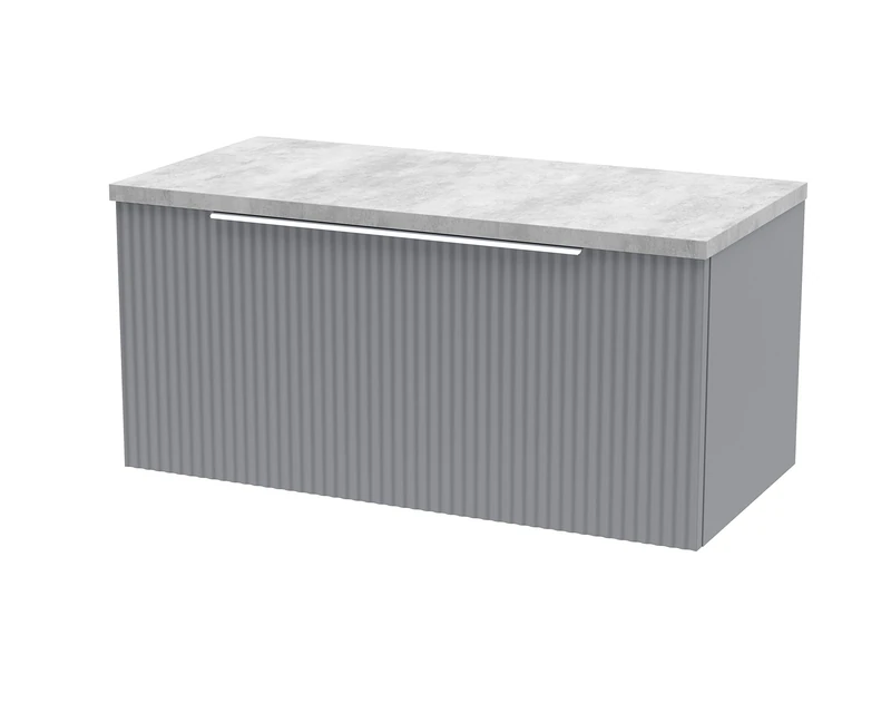 Hudson Reed DFF296LBG Fluted Modern Bathroom Wall Hung 1 Drawer Vanity Unit with Bellato Grey Laminate Worktop, 800mm, Satin Grey