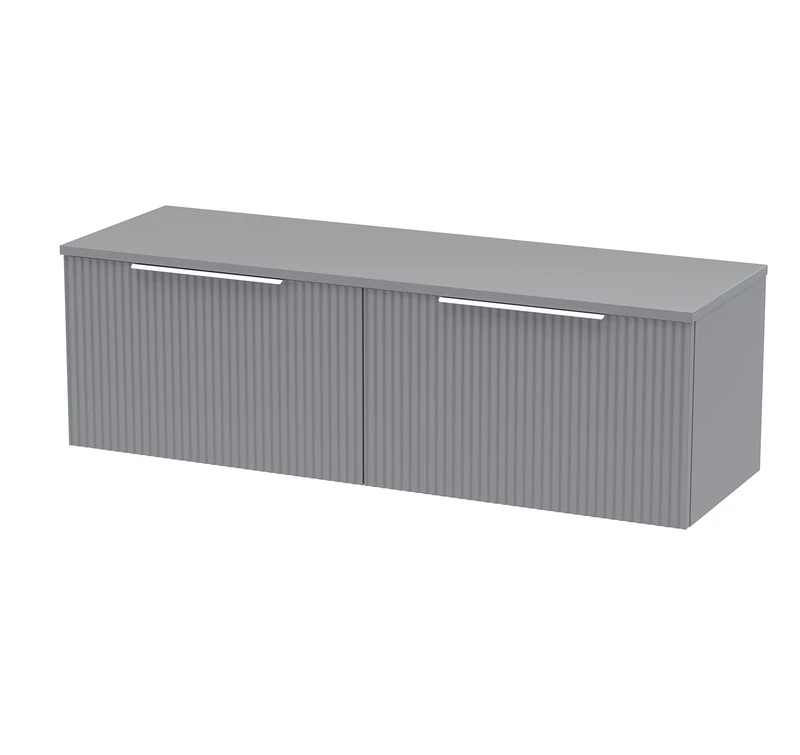 Hudson Reed DFF294W2 Fluted Modern Bathroom Wall Hung 2 Drawer Double Vanity Unit with Colour Matched Worktop, 1200mm, Satin Grey