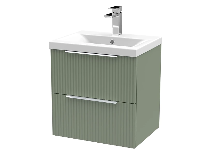 Hudson Reed DFF892A Fluted Modern Bathroom Wall Hung 2 Drawer Vanity Basin Unit with Mid-Edge Ceramic Basin, 500mm, Satin Green