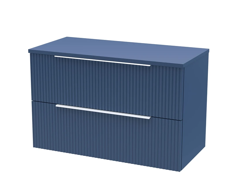 Hudson Reed DFF395W Fluted Modern Bathroom Wall Hung 2 Drawer Vanity Unit with Colour Match Worktop, 800mm, Satin Blue