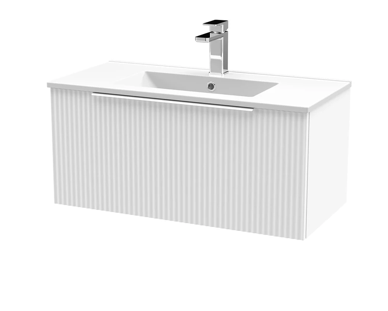 Hudson Reed DFF196B Fluted Modern Bathroom Wall Hung 1 Drawer Vanity Basin Unit with Minimalist Ceramic Basin, 800mm, Satin White