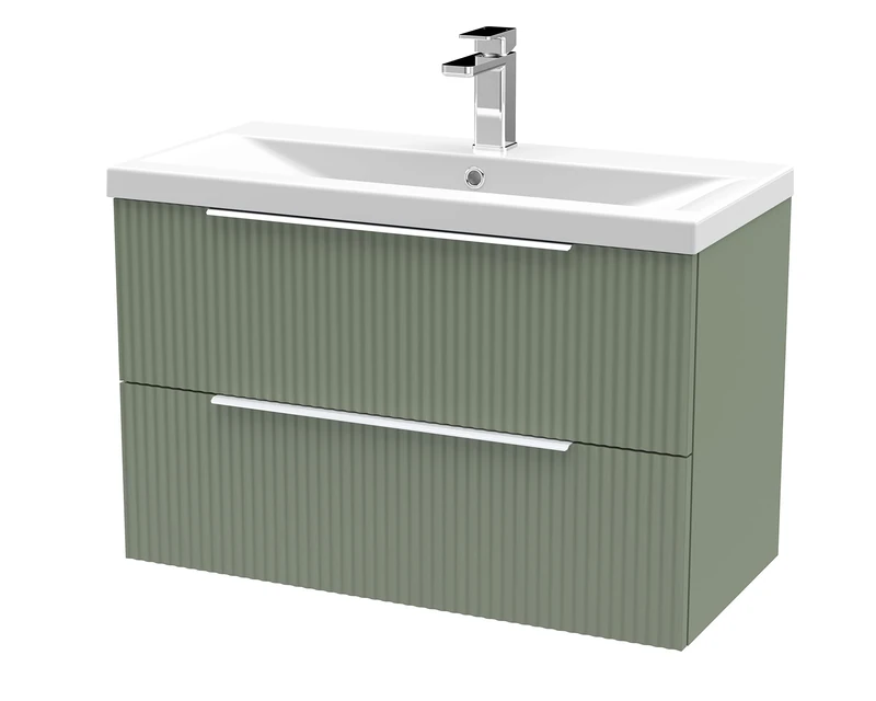 Hudson Reed DFF895A Fluted Modern Bathroom Wall Hung 2 Drawer Vanity Basin Unit with Mid-Edge Ceramic Basin, 800mm, Satin Green