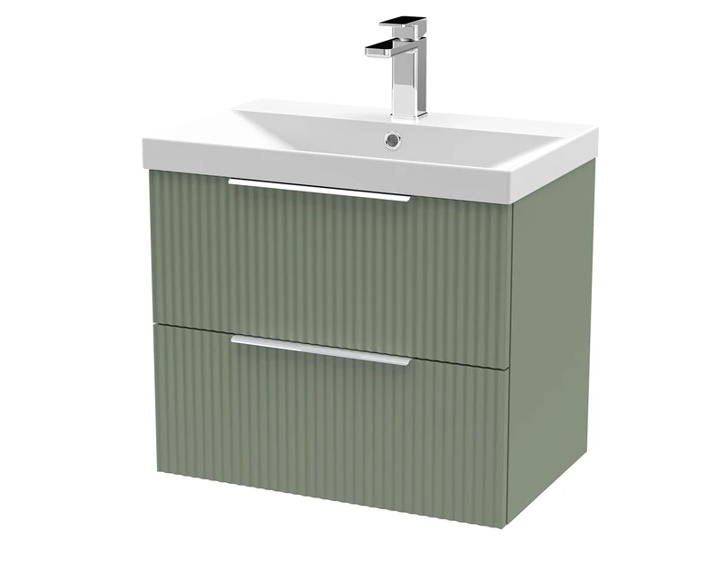 Hudson Reed DFF893D Fluted Modern Bathroom Wall Hung 2 Drawer Vanity Unit with Thin-Edge Ceramic Basin, Satin Green