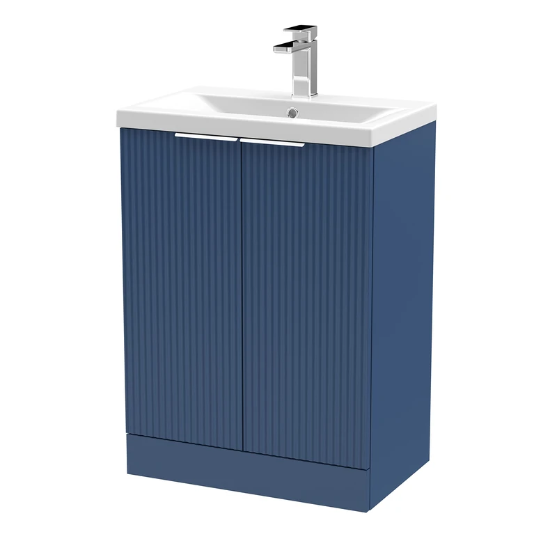 Hudson Reed DFF325A Fluted Modern Bathroom Floor Standing 2 Door Vanity Basin Unit with Mid-Edge Ceramic Basin, 600mm, Satin Blue